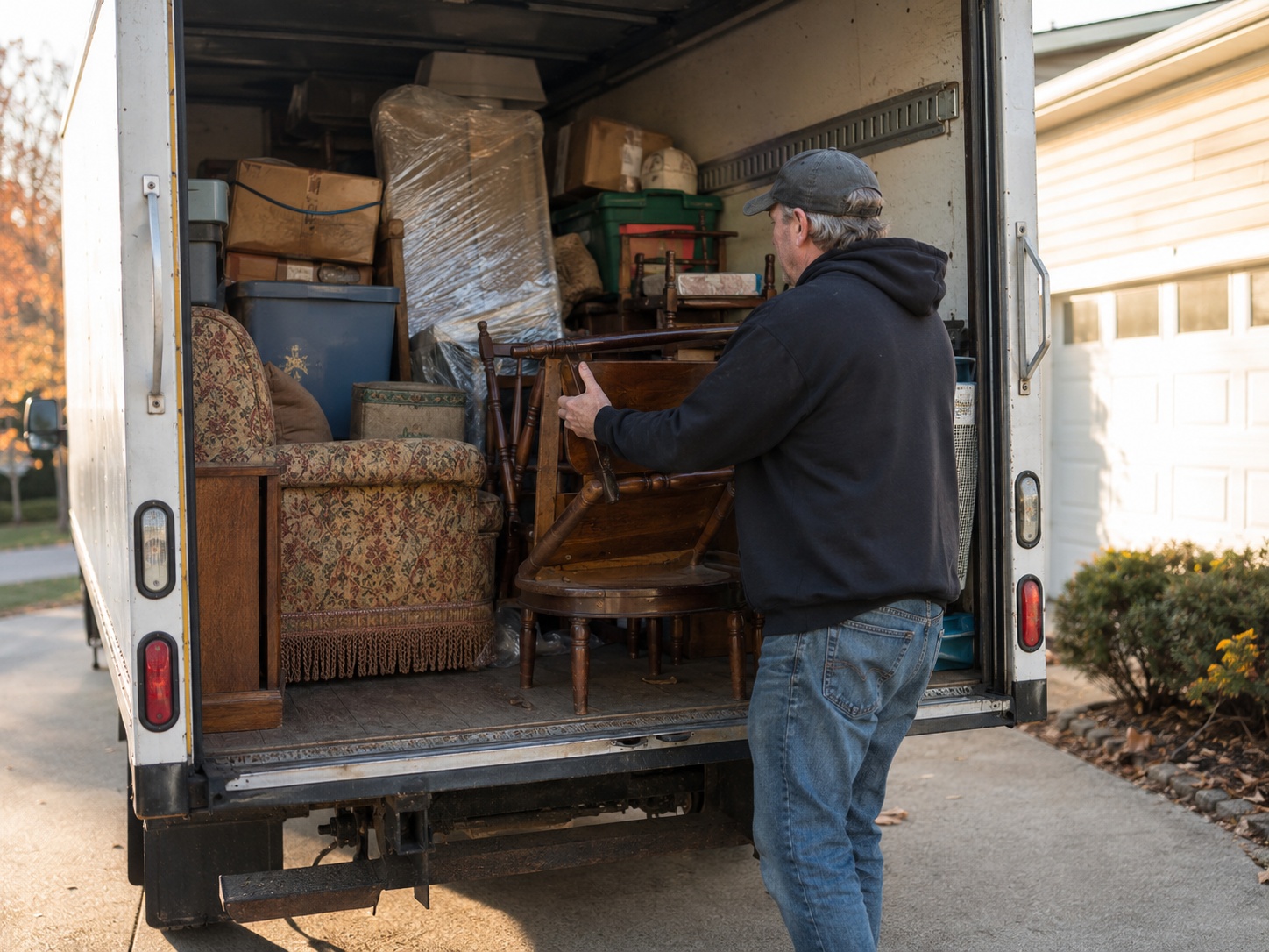 Experienced reseller loading a larger estate haul into a box truck