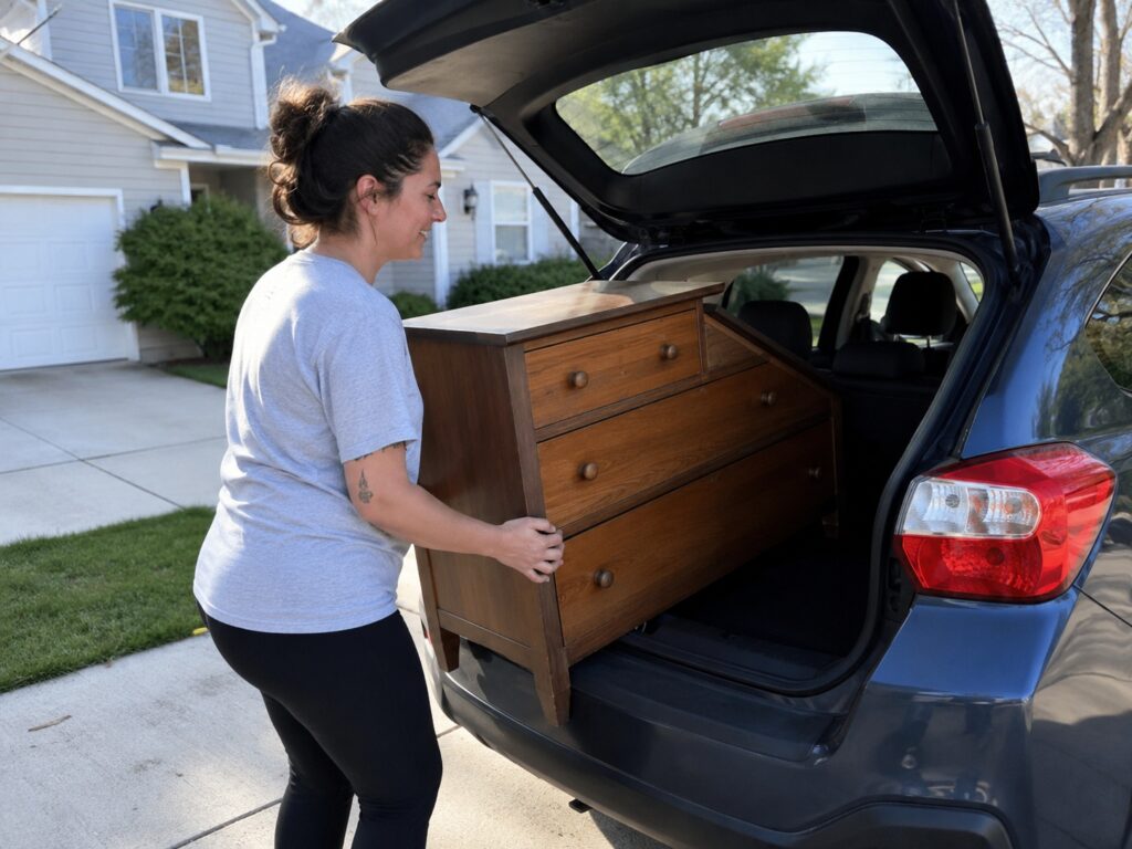 Beginner reseller loading a first furniture flip into a car