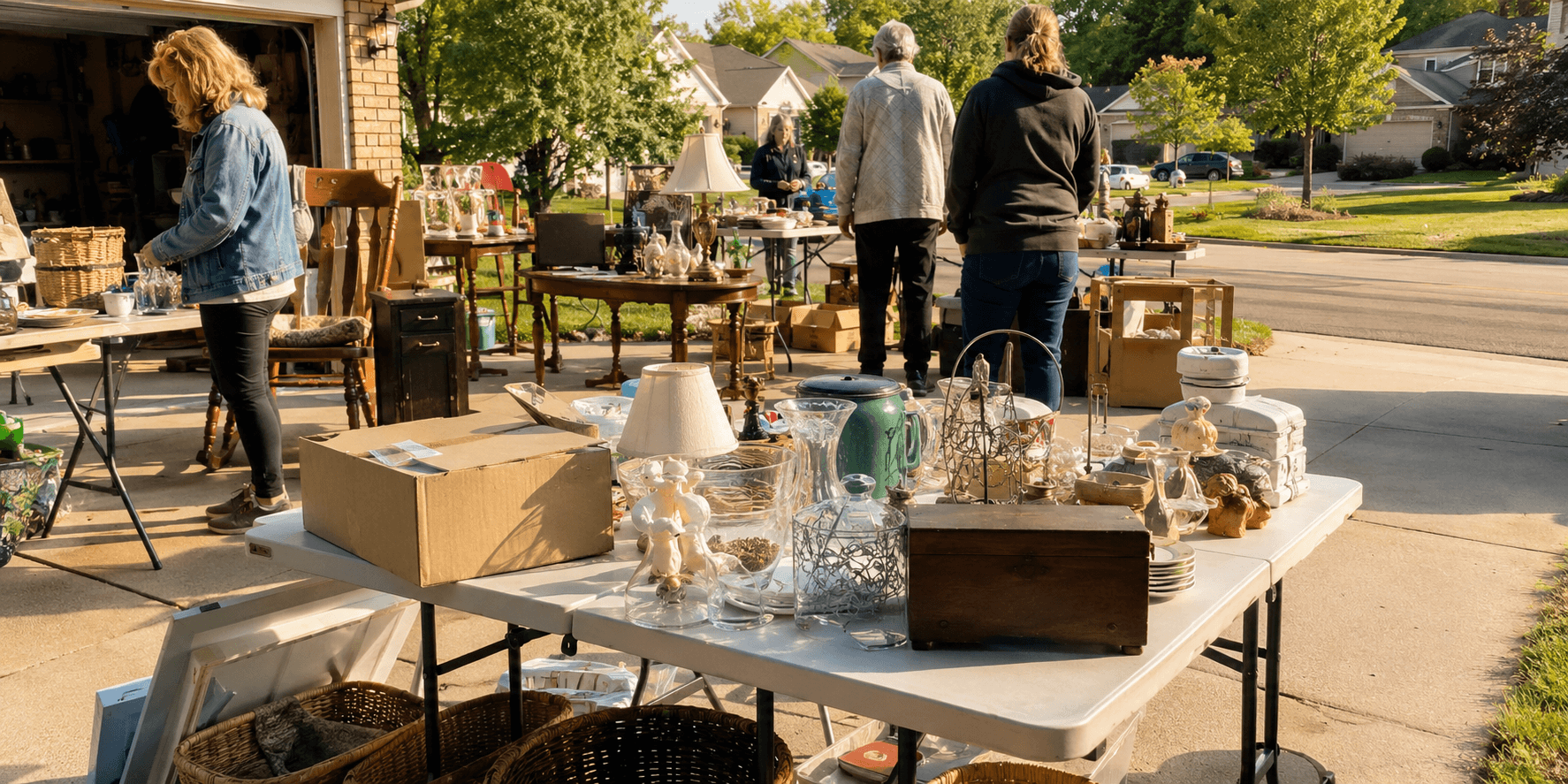 Garage sale with household items during a home downsize