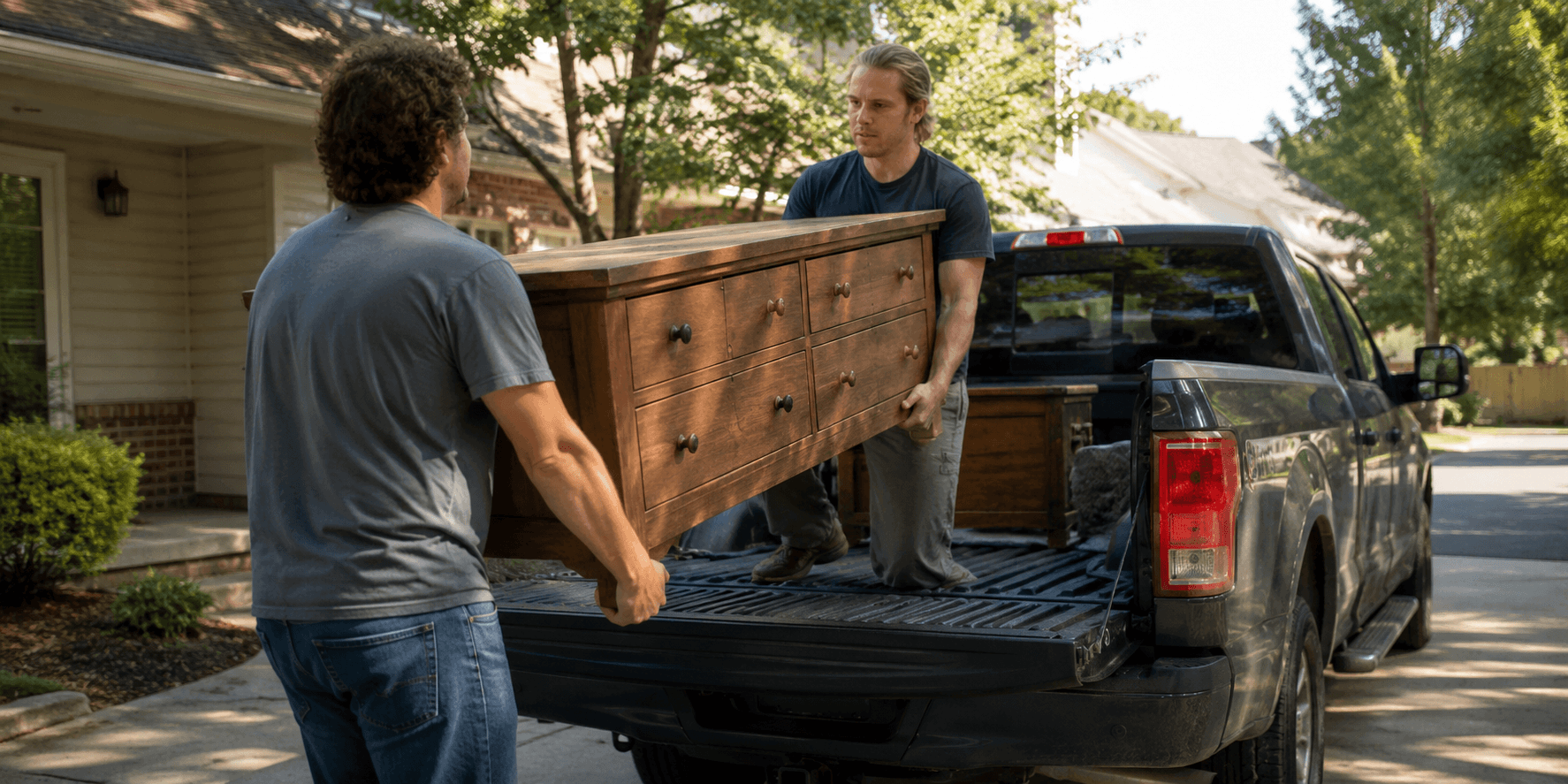Buyers loading furniture into a truck during a home cleanout