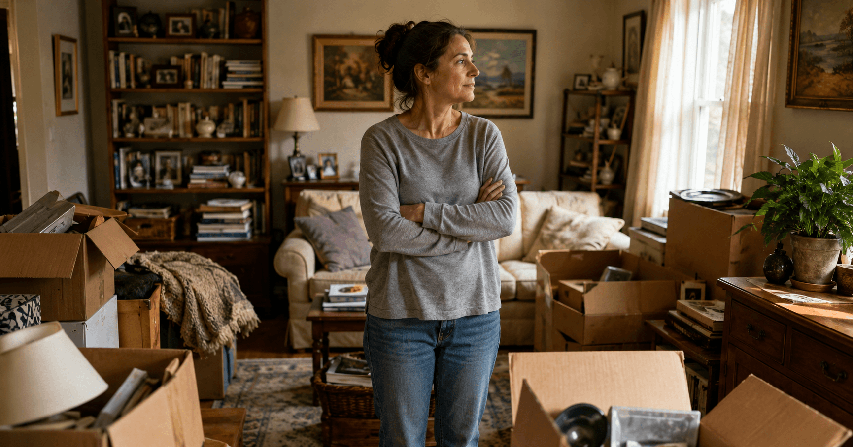 Person surrounded by belongings while downsizing their home