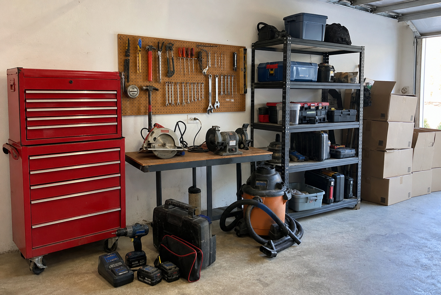 Estate garage lot with tools, shelving, and moving boxes