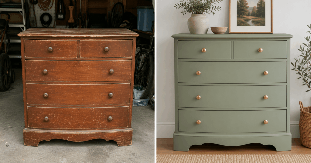 Before and after view of a dresser flipped for resale