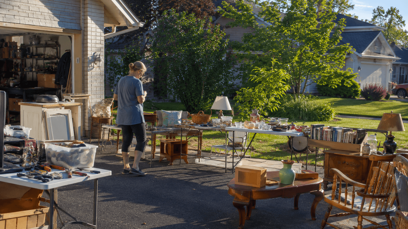 Reseller evaluating used items while sourcing at a local sale