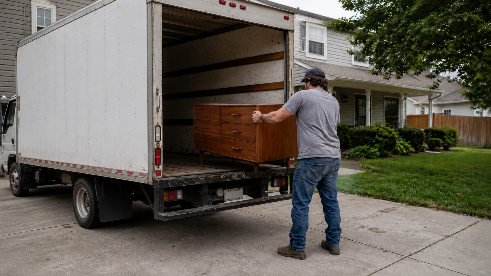 Buyer loading several pieces of used furniture for local pickup