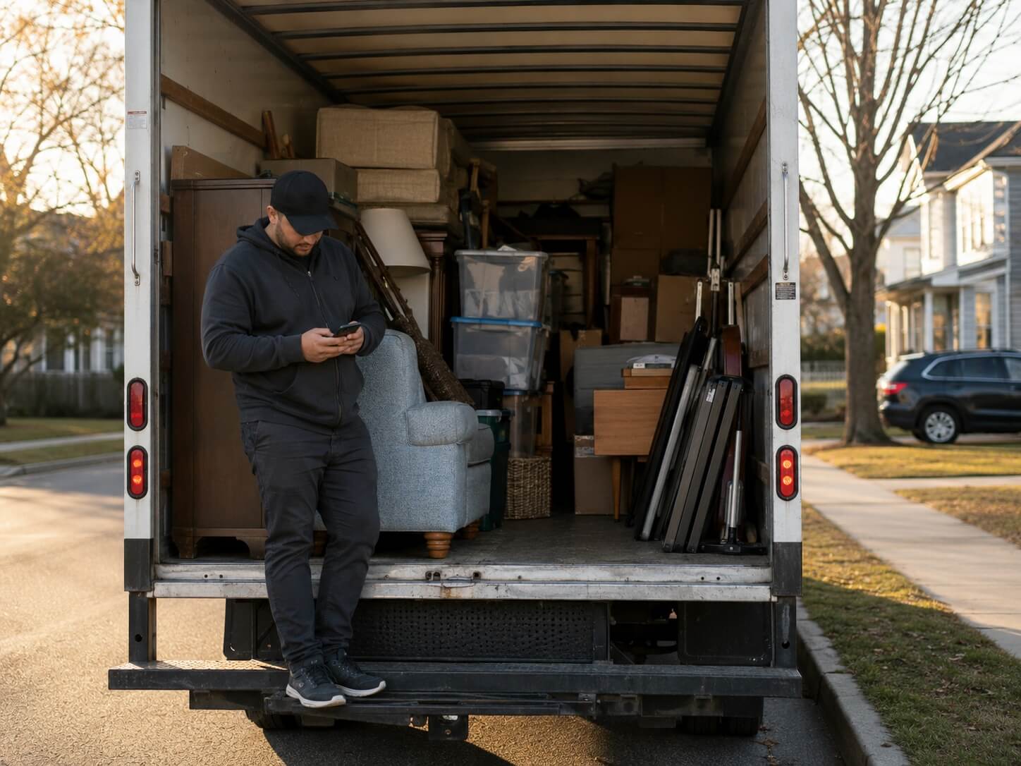 Reseller reviewing a seller referral beside a box truck