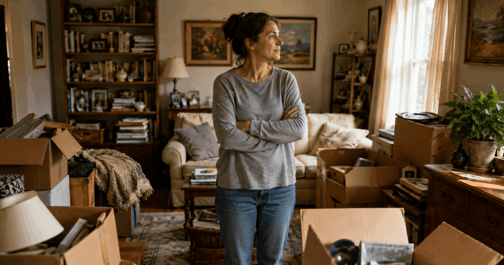 Person surrounded by belongings while downsizing their home