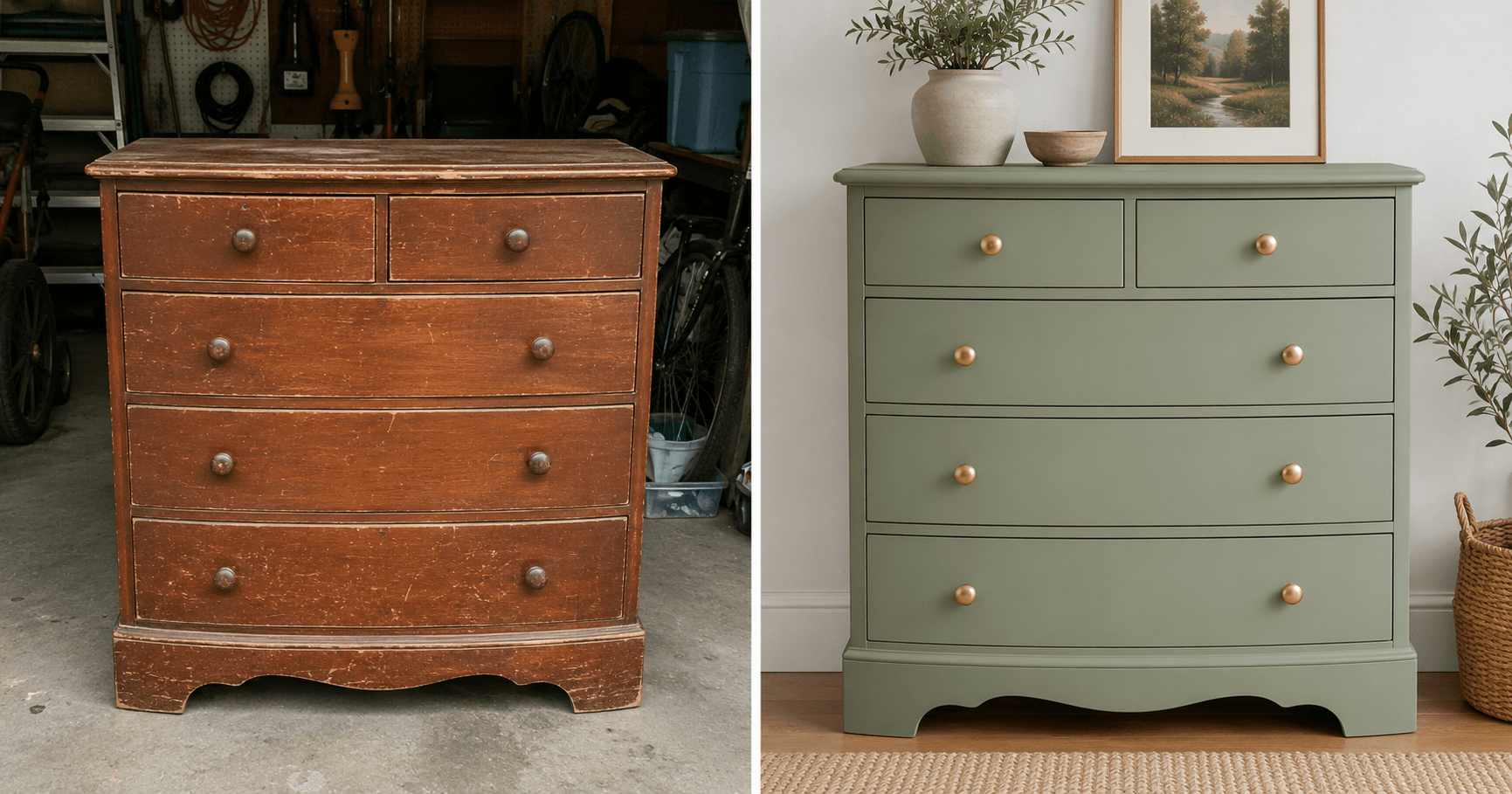 Before and after photo of a dresser flipped for profit