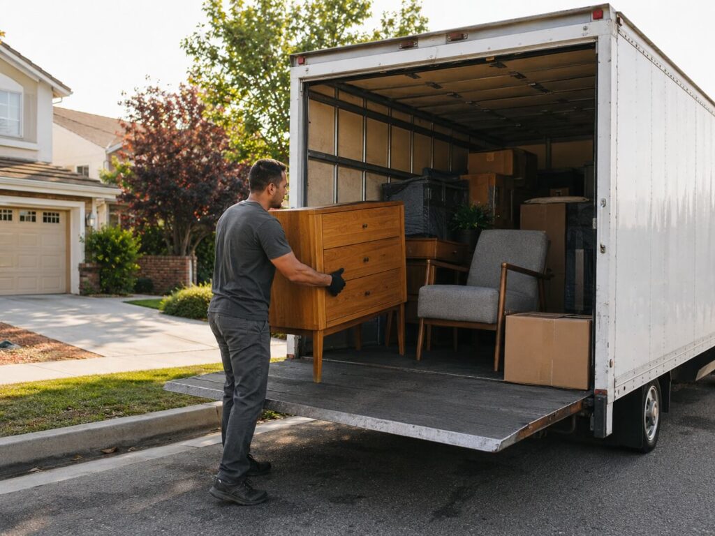 Reseller loading local inventory into a small box truck for resale