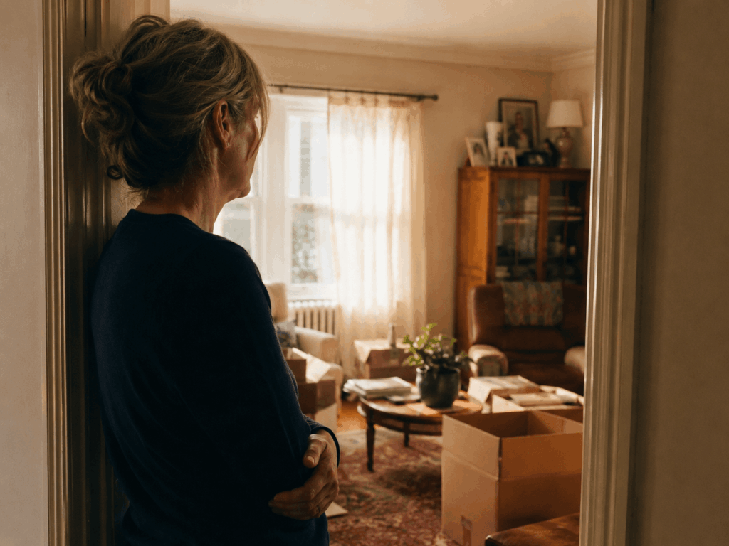 Woman standing in a doorway looking at a parent's furniture and belongings to sort and sell