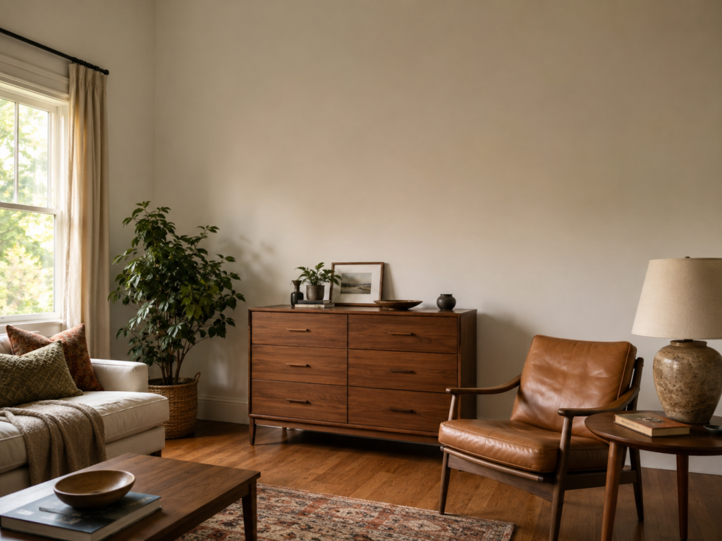 A lived-in living room with mid-century furniture ready to be sold, including a wooden dresser and lounge chair