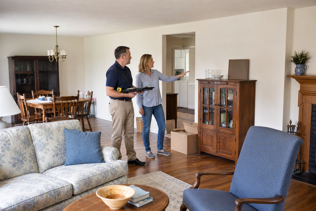 Estate buyer evaluating furniture with a family representative